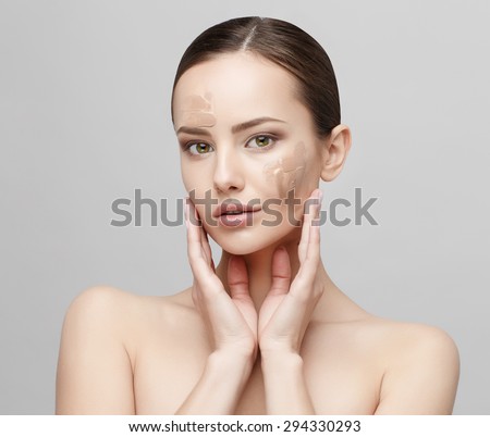 Beautiful Face of Young Woman with Clean Fresh Skin close up isolated on white. Beauty Portrait. Beautiful Spa Woman Smiling. Perfect Fresh Skin. Pure Beauty Model. Youth and Skin Care Concept