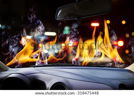 Image of windshield on the road ,way and highway, Car be on fire.