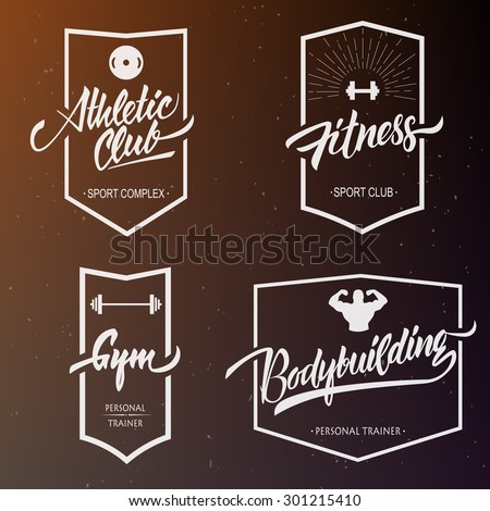Set vector gym hand lettering logotype & emblems on blurred background. Typography hand drawing elements.