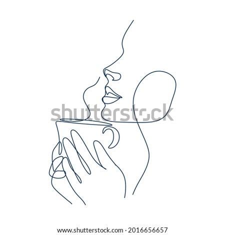 Continuous one line drawing. Woman relaxing with cup of tea. Vector illustration