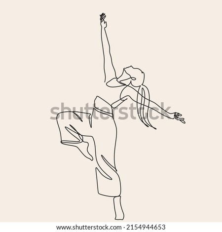 Continuous drawing in one line. Happy woman stretching. Vector illustration. Dancer dancing contemporary dance. Minimalist Wellness Feminine Illustration Elegant Logo