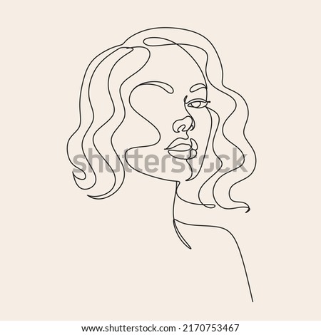 Set of 3 Woman Line Art Minimalist Print. Cosmetics Makeup Hair stylist.  Feminine Illustration line drawing. Woman face with beautiful hair.  Woman portrait. Abstract Modern surreal continuous