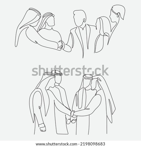 One continuous line drawing of young muslim business people line up . Islamic clothing shemag, kandura, scarf, hijab. Arab businessman working with laptop. Single line draw design vector illustration