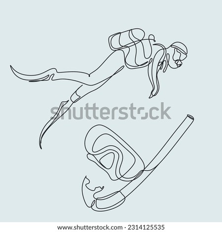 Single continuous line art drawing scuba diving. Underwater sport concept. Trendy summer sea ocean one-line draw design vector illustration