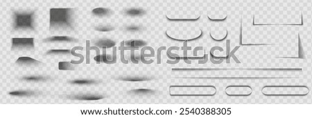 Square and rectangle box shadow effects. Realistic overlay and transparent shadows vector set, shades falling from objects on floor with soft black edges and dark corners, transparent background