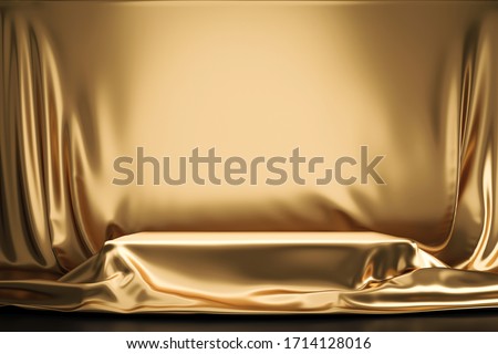 Golden luxurious fabric or cloth placed on top pedestal or blank podium shelf on gold background with luxury concept. Museum or gallery backdrops for product. 3D rendering.