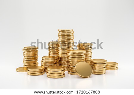 Stack of golden coins on white background with earning profit concept. Gold coins or currency of business. 3D rendering.
