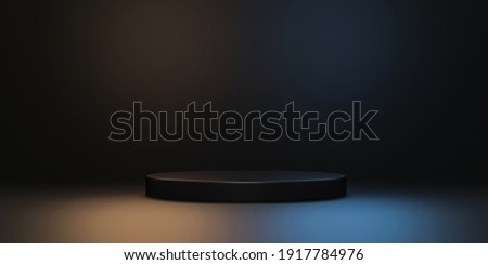 Black product background stand or podium pedestal on advertising neon light display with blank backdrops. 3D rendering.