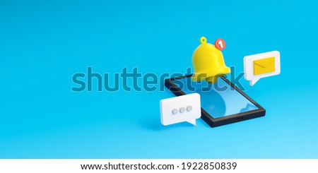 Notification message bell icon alert and alarm on blue background with smartphone reminder. 3D rendering.