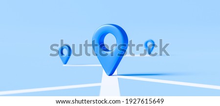 Locator mark of map and location pin or navigation icon sign on blue background with search concept. 3D rendering. Foto d'archivio © 