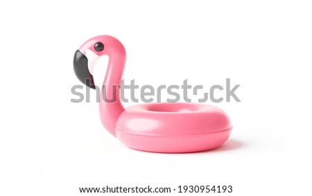 Pink inflatable flamingo swimming pool ring and summer season isolated on white background. 3D rendering.