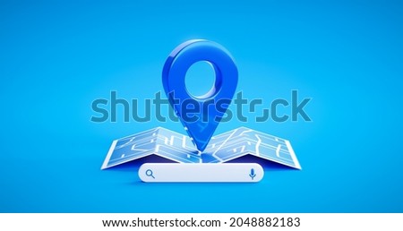 Blue location pin sign icon and gps navigation map road direction or internet search bar technology symbol on position place background with find route mark travel destination navigator. 3D rendering. Foto d'archivio © 