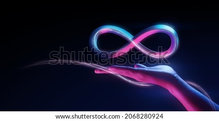 Hand holding virtual reality infinity symbol community connection of metaverse world global network technology system and abstract loop sign element on innovation digital communication 3d background.