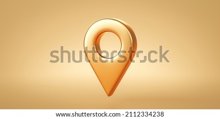 Gold location symbol navigator reminder pin navigation pointer marker icon or travel map gps mark sign and place point position button tag on golden 3d background with positioning landmark checkpoint. Foto d'archivio © 