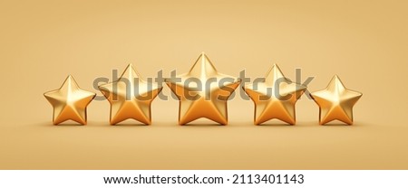 Five Gold rating star symbol of customer satisfaction review service best quality ranking icon or shiny feedback success sign award and product evaluation rate on golden 3d background with excellent. Сток-фото © 