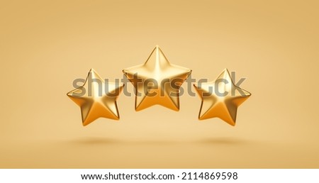 Three Gold rating star symbol of customer satisfaction review service best quality ranking icon or feedback success sign award and product evaluation rate on golden 3d background with excellent vote. Foto d'archivio © 