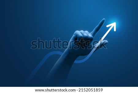 Hand pointing growth arrow success business target background of up icon direction development graph or investment finance profit stock market chart symbol and goal achievement on economy marketing. Foto d'archivio © 