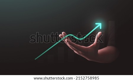 Hand growth improvement arrow up success business profit background of goal forward achievement graph diagram icon or increase financial direction stock chart sign and motivation development strategy. Foto stock © 
