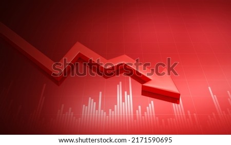 Financial crisis down 3d red arrow economy business graph on money crash market background with bankruptcy decrease bad finance chart diagram or loss investment economic recession sales and low price. Stockfoto © 
