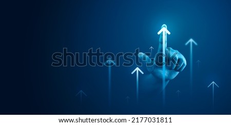 Growth business strategy arrow concept on success target improvement background with increase development graph profit or creative goal achievement leadership forward and financial market direction. Foto d'archivio © 