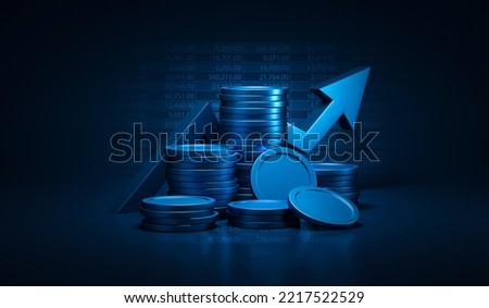 Growth financial business arrow money coin on increase earnings 3d background with economy market investment finance banking profit or success cash stack currency of wealth graph price value strategy. Foto stock © 