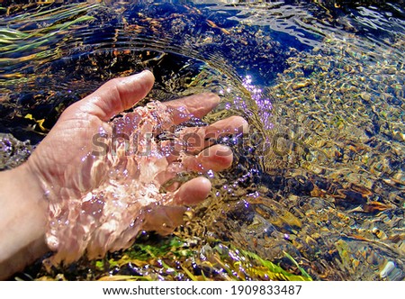 In sunny weather, the hand touches the cool water in the river. The water is clear and you can see the bottom and the rocks on the bottom.                              