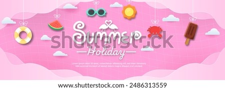 A colorful summer holiday poster with a pink background. The poster features a variety of summer-themed items such as sunglasses, a crab, a flamingo, a watermelon, and a beach ball