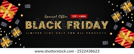 black friday sale discount banner with gift elements, coupons and glitter gold design.