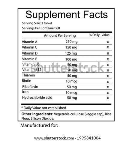 Nutrition facts for vitamin supplement