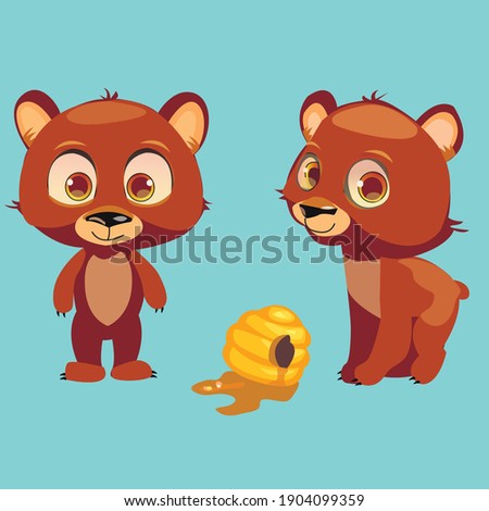 Cute brown grizzly teddy bear stands on  hind legs and goes adventure wildlife cartoon animation vector