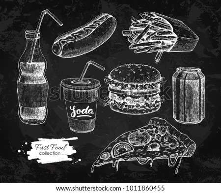 Fast food vector hand drawn set. Blackboard junk food illustration.  Burger, hot dog, pizza, french fries and soda drawing. Great for label, menu, poster, banner, voucher, coupon, business promote