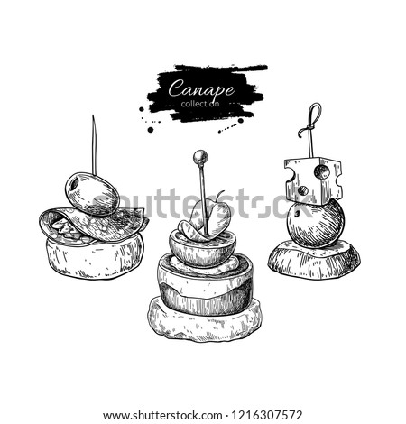 Canape vector drawings. Food appetizer and snack sketch. Finer food for buffet, restaurant, catering service. Tapas engraved illustration. Great for banner, poster, label