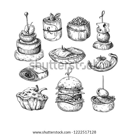 Finger food vector drawings. Food appetizer and snack sketch. Canapes, bruschetta, sandwich for buffet, restaurant, catering service. Tapas engraved illustration. Great for banner, poster, label