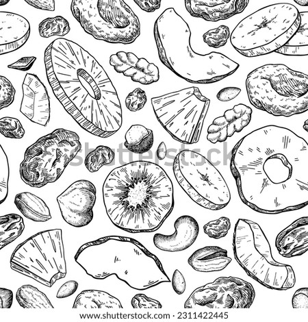 Dried fruits and nuts drawing. Seamless vector pattern. Mix of cashew, hazelnuts, peanuts, dried apricots, raisins. Healthy snack, granola ingredient sketch. Hand drawn cranberry, coconut, banana, fig