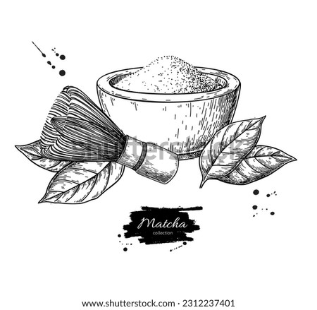 Matcha tea vector drawing. Bowl with matcha powder, green tea leaves, and bamboo whisk sketch. Hand-drawn Asian drink elements in a vintage style