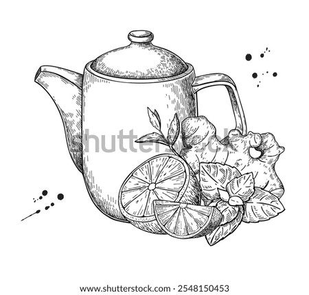 Healthy tea concept vector drawing. Teapot, kettle, mint leaf hearb, lemon fruit slice and ginger root sketch. Drink illustration. Alternative medicine, flu treatment. Label, icon, packaging design.