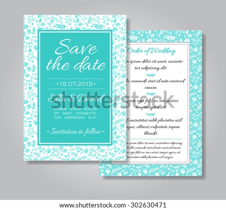 Vector wedding invitation card set with floral background in tiffany blue and white colors. Template Wedding invitation or announcements. Save the date and wedding order card