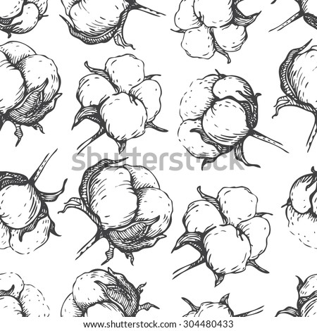 Vector seamless natural cotton engraving  pattern. Hand- draw rustic  illustration. 