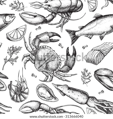 Vector hand drawn seafood pattern. Vintage illustration