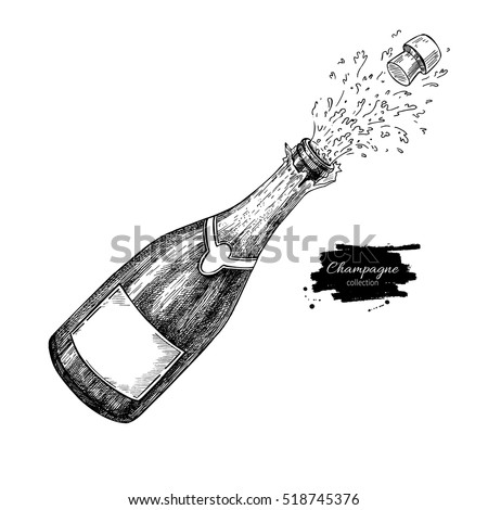 Champagne bottle explosion. Hand drawn isolated vector illustration. Alcohol drink splash with bubbles. Vintage sketch. Beverage drawing for bar and restaurant menu, poster, banner Celebration concept