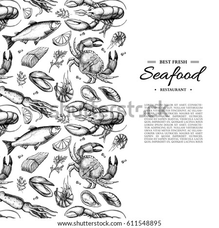 Seafood hand drawn vector illustration. Crab, lobster, shrimp, oyster, mussel, caviar and squid. Engraved style vintage template. Fish and sea food restaurant menu, flyer, card, business promote.