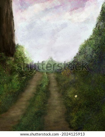 Watercolor, oil painting, dry paint digital painting landscape, village, forest, nature drawing