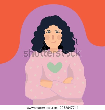 Portrait of a girl with curly brunette hair. The young woman folded her arms. Vector flat illustration. Decorative cute illustration for children. Foto stock © 