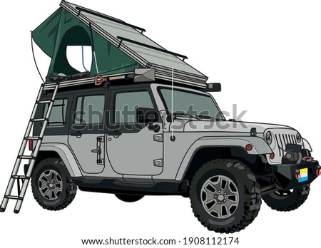 
illustration of a light gray off-road vehicle with an open green roof tent on top, a ladder on the side and a shovel whith red handle