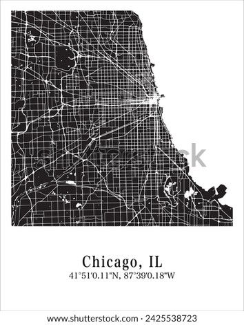 Chicago city map. Travel poster vector illustration with coordinates. Chicago, Illinois, The United States of America Map in dark mode.
