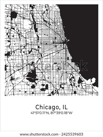 Chicago city map. Travel poster vector illustration with coordinates. Chicago, Illinois, The United States of America Map in light mode.