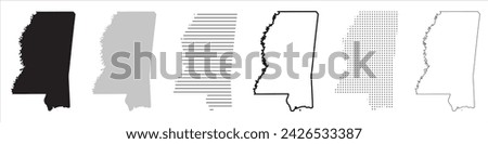 Mississippi State Map Black. Mississippi map silhouette isolated on transparent background. Vector Illustration. Variants.