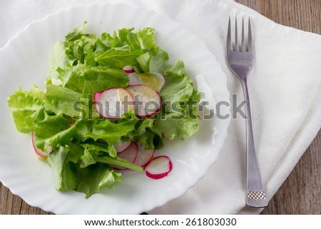 Shot of green salad with radish and olive oil on white plate with fork and napkin