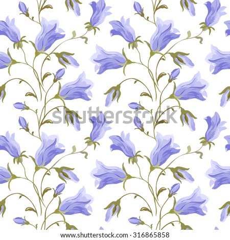 Seamless vector pattern with bell flowers.Vintage design.Elegant ornament flowers.White background. Element of your design.