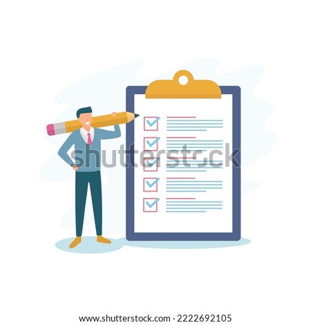 little people fill out a form, modern concept for web banners, infographics, websites, printed products. Concept done job, checklist, long paper document and to do list with checkboxes
